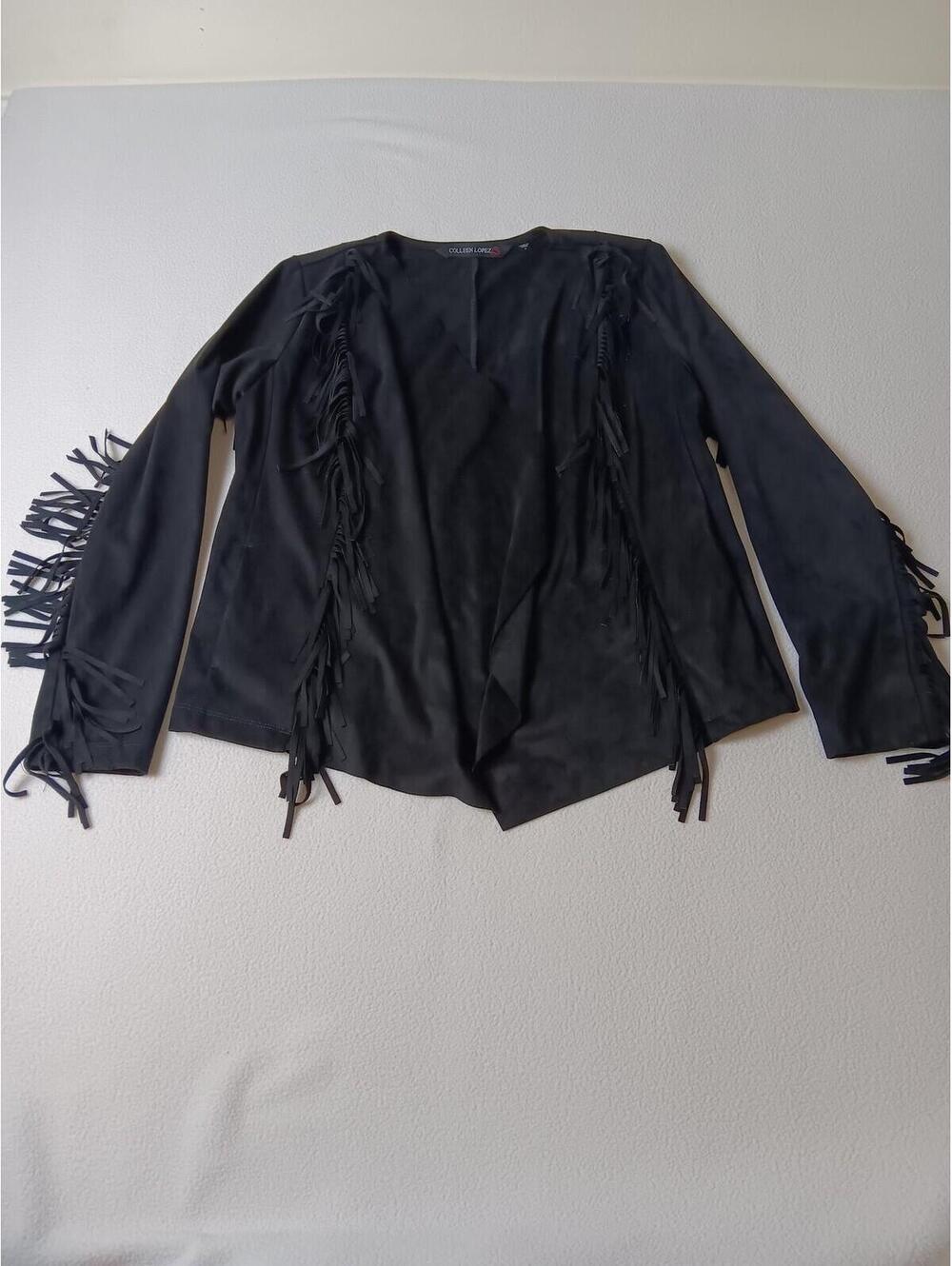 Colleen Lopez Jacket Womens S Black Fringe Open Front Microfiber Western Boho